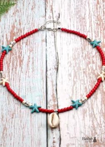 Collar bohemio, concha azul hippie y estrella de mar